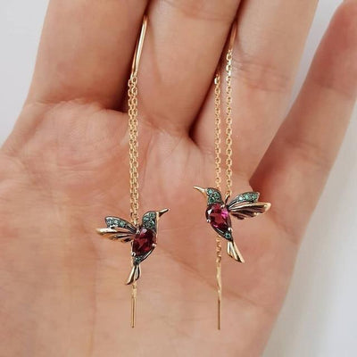 Emalje- og zirkonium-øreringe formet som kolibri